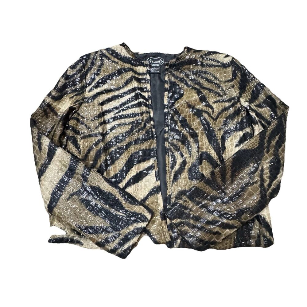 Selene Sport Zebra Animal Print Embossed Zip Jacket Y2K Glam Size S Vintage